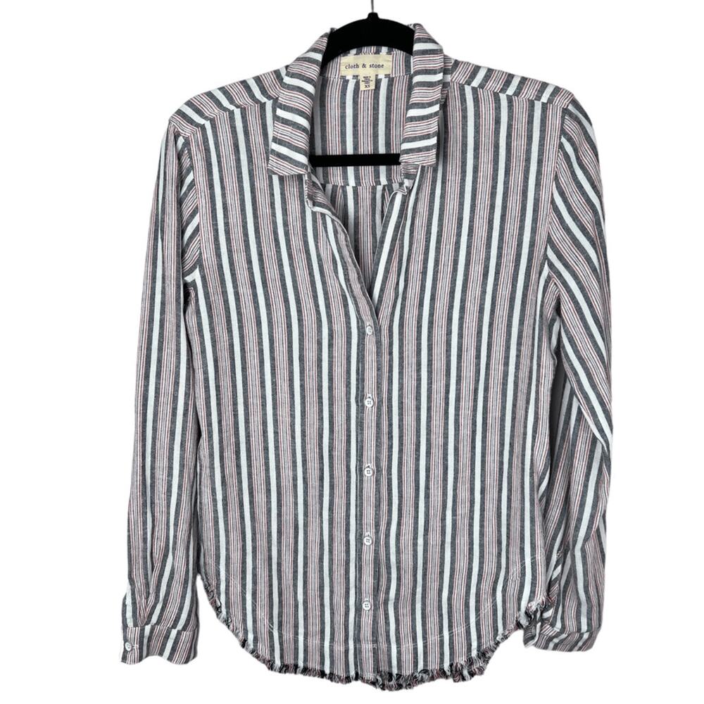 Cloth & Stone Striped Button Down Linen Blend Raw Hem Striped Shirt Sz XS
